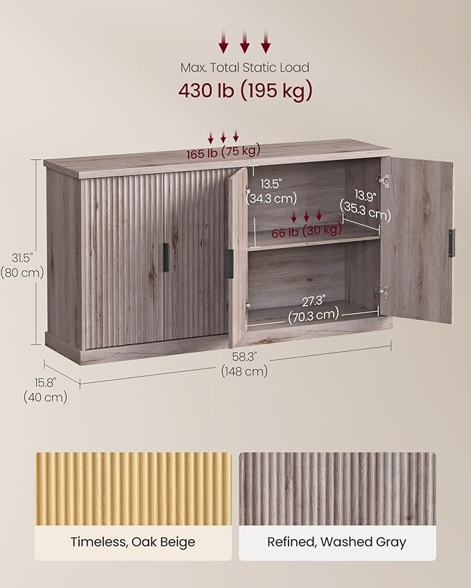 VASAGLE MAXE Collection - Transitional Buffet Cabinet, Console Cabinet, Sideboard with Adjustable Shelves, Fluted Doors, Buffet Table, Kitchen Pantry, Washed Gray UBBK382G01S