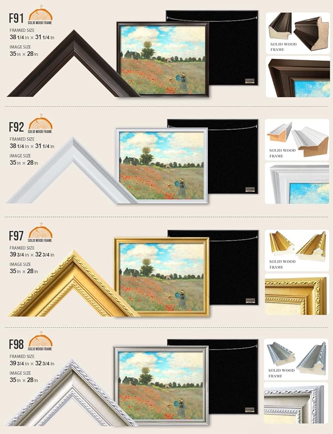 DECORARTS - Claude Monet Poppies at Argenteuil, Large Framed Wall Art, Canvas Size 35x28, Outer Dimensions Larger With Customizable Solid Wood Frames, Giclee Canvas Print, Made in USA