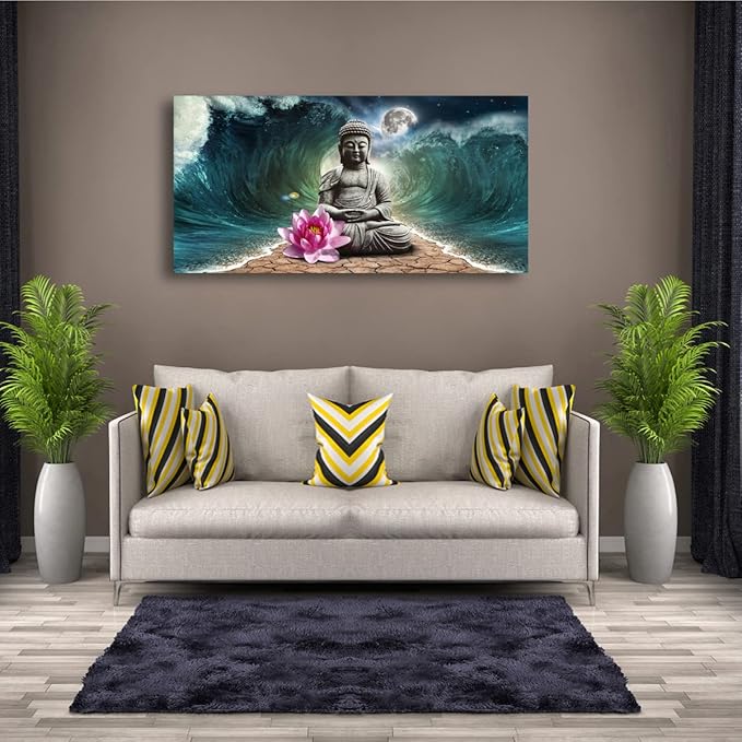 Canvas Wall Art Buddha Pictures Home Decor Grey Zen in The Background of Moon and Waves Poster Prints Painting for Living Room Bedroom Bathroom Kitchen Office Decoration Hindu Artwork 24x48 Inches