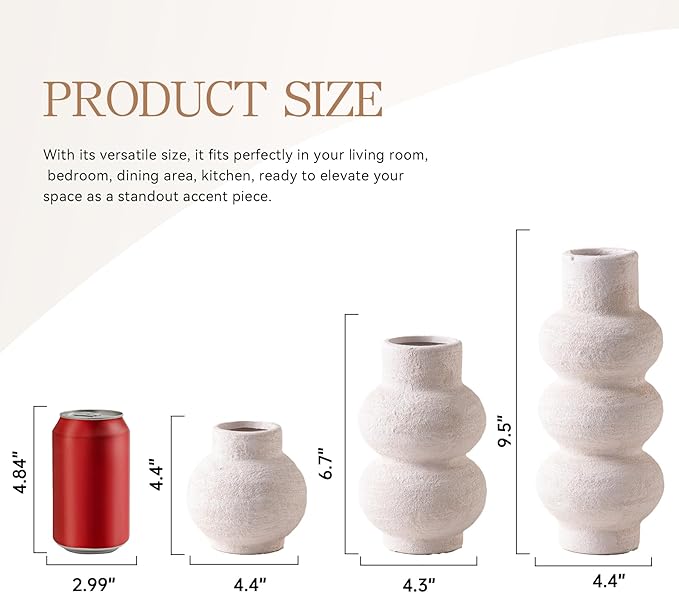 Ceramic Vase Home Table Decor - White Flower Vase Set of 3 Living Room Kitchen Decorations Farmhouse Modern Rustic Vases Decorative Centerpiece for Shelf Bedroom Office Bathroom Dining Coffee Desk