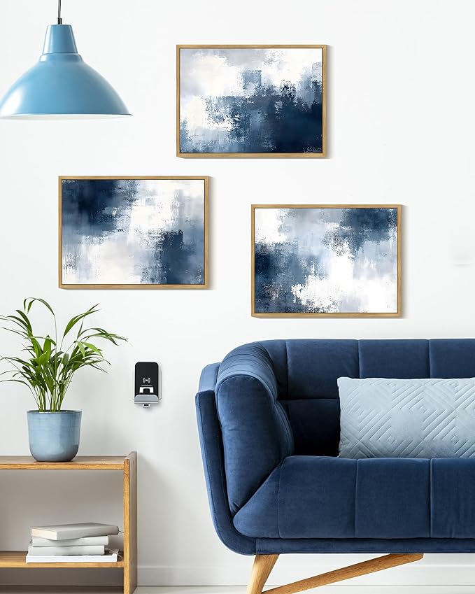 KUVIOKE Navy Blue Abstract Wall Art Framed Neutral Brush Strokes Block Shape Mid Century Art Prints Minimalist Modern Illustrations Bedroom Hallway 11x14in (Natural Framed)