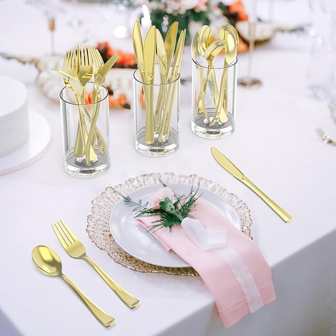 200 Count Heavy Duty Gold Plastic Silverware, 100 Forks, 50 Spoons, 50 Knives, BPA-Free, Heat Resistant, Disposable Plastic Utensils Set Cutlery Set, Plasticware Bulk