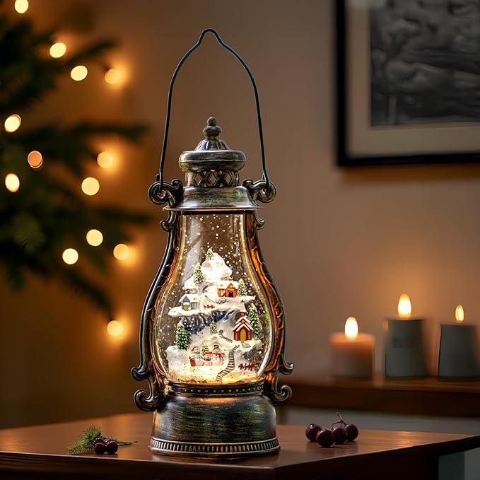 14.2" Christmas Village Buildings Tall Snow Globe Lantern Water Glittering Snowman Family with Music & Timer, USB Lined/Battery Operated Lighted Lantern for Christmas Festival Decoration Gifts