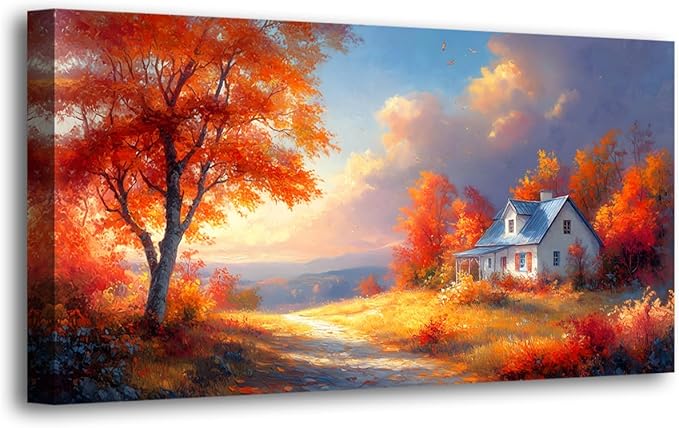 Village House Red Tree Canvas Wall Art Bedroom Wall Decor Living Room,Autumn Scenery Wall Art Office Kitchen Paintings Artwork Modern Abstract Pictures Art Prints Waterproof Ready to Hang-20x40inch