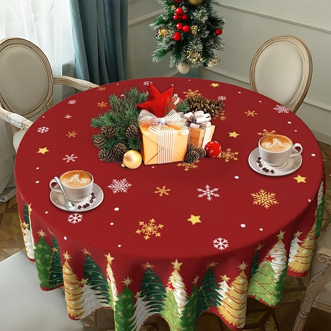 Christmas Round Tablecloth 60x60 Inch Xmas Snowflakes Trees Table Cover Holiday Decorations Seasonal Decor for Home Kitchen Dining Room Picnic Party Winter Red