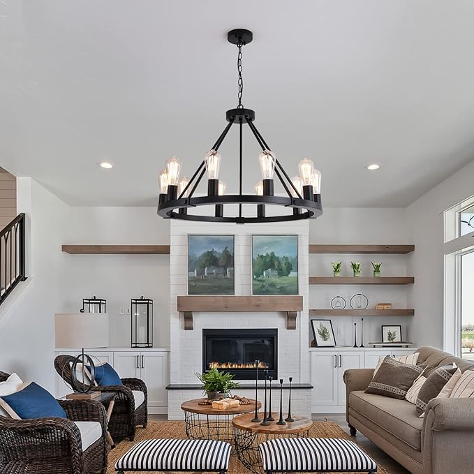 9MMML 10 Lights Wagon Wheel Chandelier, Black Round Globe Wrought Iron Pendant Lights for Dinging&Living Room Kitchen Island Porch Enteyway Hallway,Dia26.4,E26 Bulbs, Heights Adjustable
