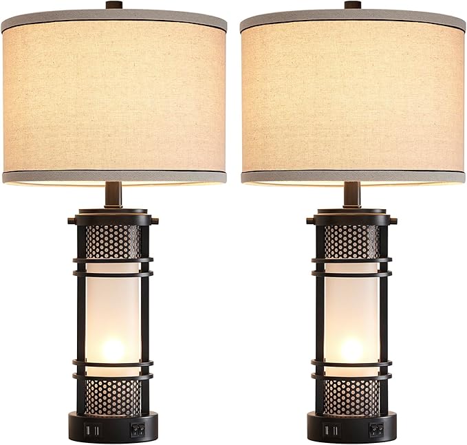 Set of 2 Modern Table Lamps for Living Room, Contemporary Nightstand Lamp with Dual USB Port, Bedside Lamps with White Frosted Glass Night Light for Bedroom, 4 Bulbs Included (Black)