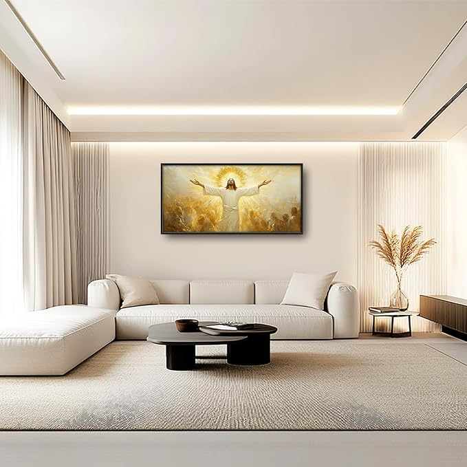 Jesus Framed Wall Art for Living Room, Large Christ Canvas Wall Decor, Jesus Golden Light Pictures Painting, Modern Artwork for Bathroom Bedroom Office 60L'' × 30W''