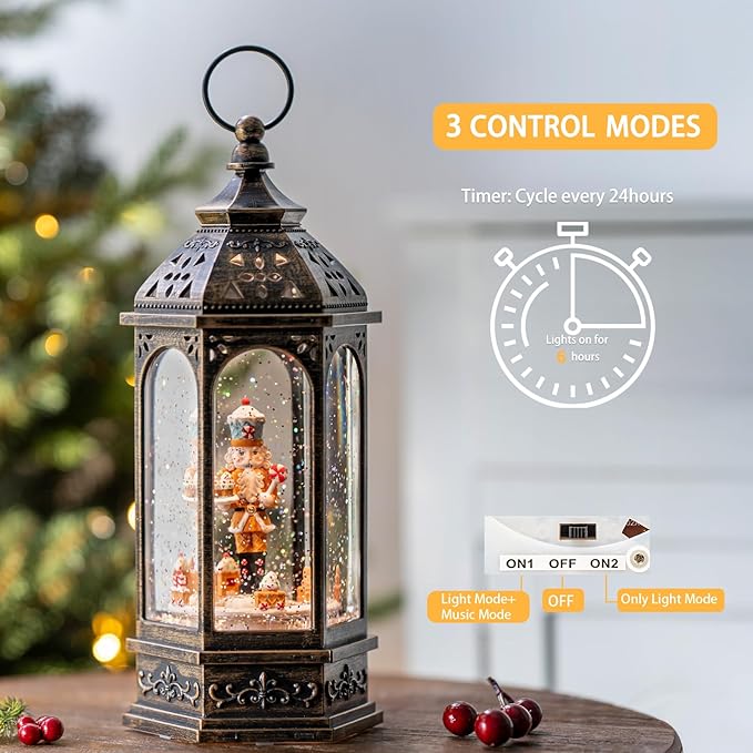 Animated Gingerbread Nutcracker with Moving Figurines Lighted Water Lantern, USB Lined/Battery Operated Snow Globe for Christmas Festival Decoration Gifts