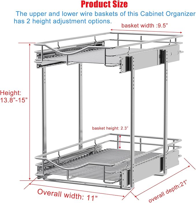 DINDON 2 Tier Pull Out Cabinet Organizer (11"W X 21"D), Double Tier Wire Basket Slide Out Shelf Storage for Kitchen Base Cabinet Organization for Kitchen, Pantry, Bathroom, Chrome
