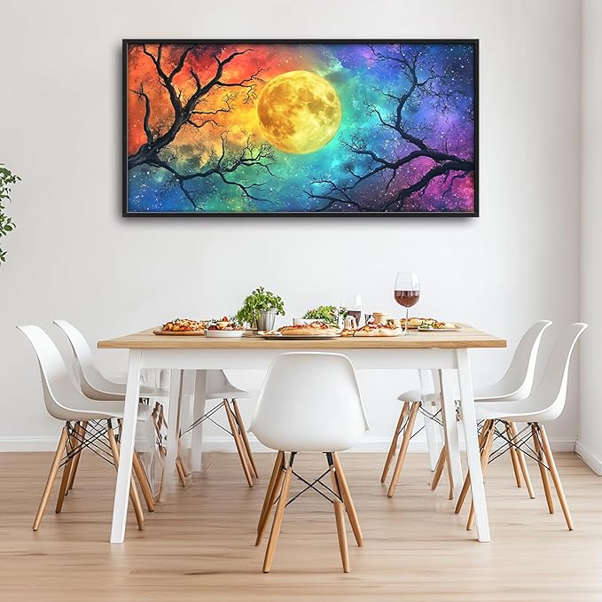 Extra Large Framed Abstract Moon Wall Art,Oversized Colorful Starry Night Tree Branch Wall Decor Pictures for Living Room,Canvas Print Painting Modern Artwork Bedroom Office Bathroom 60L x30W