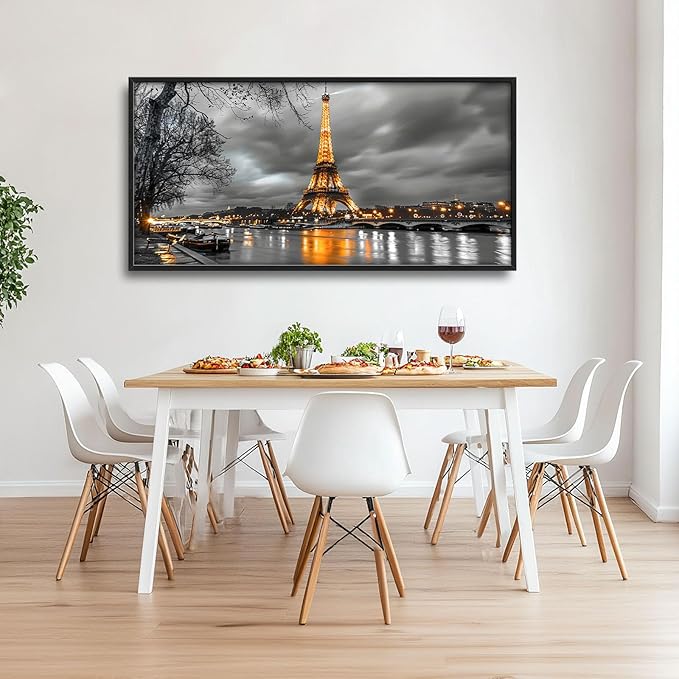 Eiffel Tower Large Framed Wall Art Black and White Pictures Oversized Wall Decor City Landscape Canvas Print Painting Aesthetic Modern Artwork for Living Room Bedroom Office Bathroom Home Decor 60L"x30W"