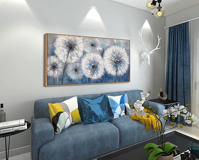 Dandelion Canvas Print - Framed Wall Art for Living Room & Bedroom - Large White Flower Flora Home Decoration (With Solid Wood Dark Frame)