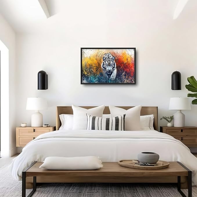 Extra Large Framed Abstract White Tiger Wall Art,Oversized Colorful Cool Tiger Wall Decor,Wild Animal Pictures for Living Room,Canvas Print Painting Modern Artwork Bedroom Office Bathroom 36L x24W