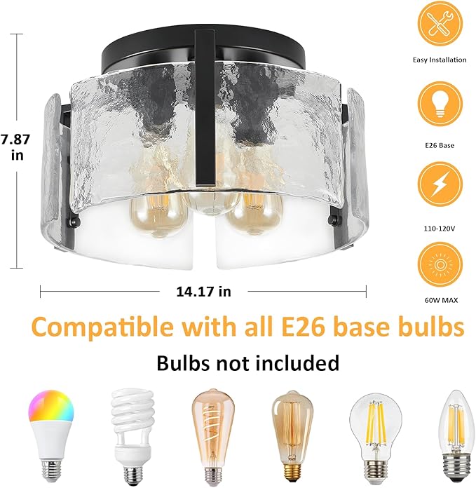 Black Semi Flush Mount Ceiling Light Fixture, 3-Light Modern Hallway Light Fixtures Ceiling Mount, Foyer Kitchen Lighting Fixtures Ceiling Lights for Bedroom, Bathroom, Laundry Room, Entryway, Hallway