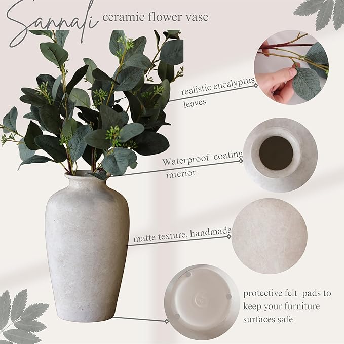 Luxury Large White Ceramic Tall Vase (11.2”) with 35.5” Faux Eucalyptus – Handmade Elegant Table Centerpiece for Rustic & Modern Decor – Gift Box Included