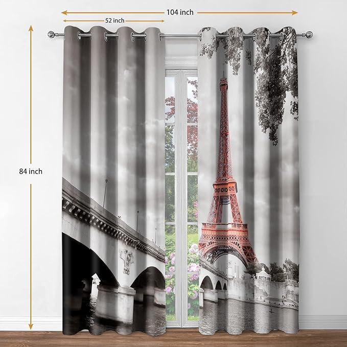 Jekeno Paris Eiffel Tower Blackout Curtains Landmark Picture of Famous Place Cityscape Scene Decor for Home Bedroom Living Room Grommet Window Drapes 2 Panel Set, 52"x84"
