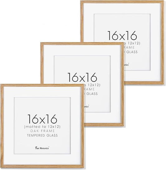 Solid Oak Wood 16x16 Picture Frames, 16"x16" Picture Frame Matted to 12"x12", Square Frames 16 x 16 with Tempered Glass, 16 by 16 Photo Frame for Wall (Beige Oak Color, 3 Pack)