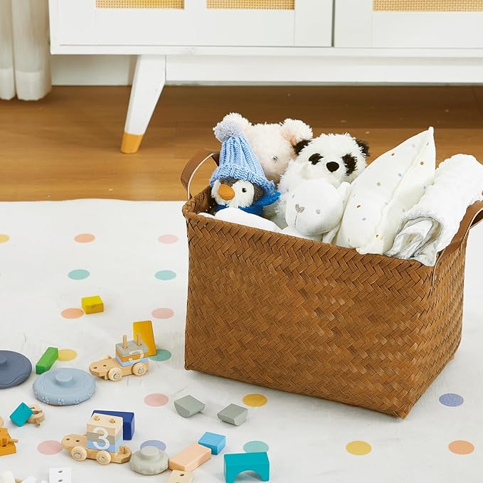 15L Laundry Baskets Waterproof Storage Baskets For Shelves Large Laundry Hamper With Leather Handle -set of 4 Cube Organizers Woven Bins for Bathroom,Bedroom,Pantry,Clothes,Car & Towels-Brown