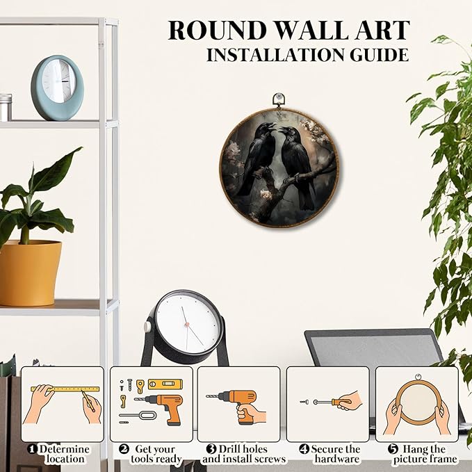 JUIOEIU Gothic Black Raven Round Wall Decor, Dark Academia Black Crow Floral Framed Canvas Prints, Gothic Moody Raven Wall Art Hanging Decorations for Home Bedroom Living Room Decor, 10x10in