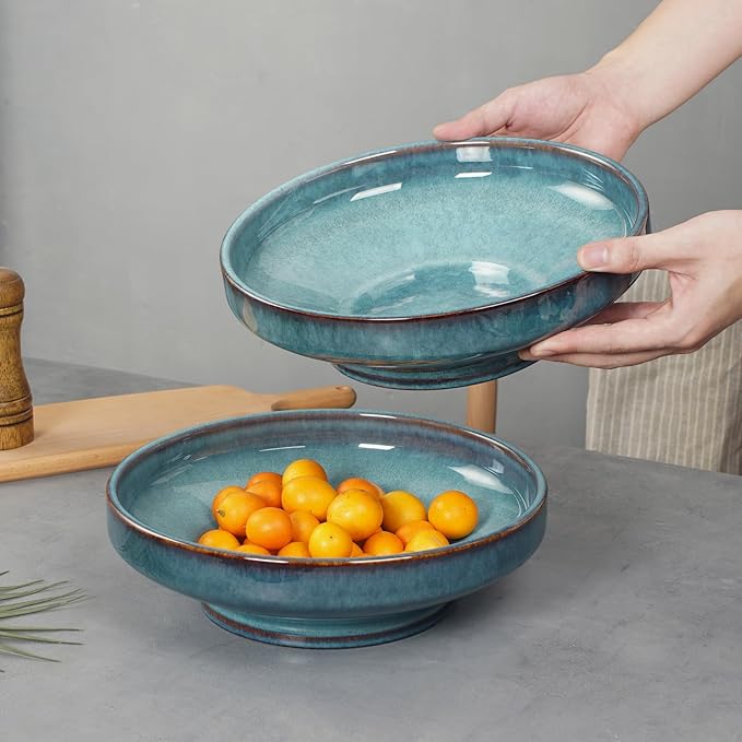 Ceramic Fruit Bowl for Kitchen Counter,Decorative Pedestal Bowl for Table Countertop,Large Footed Serving Bowl,10.2 Inch (Blue)