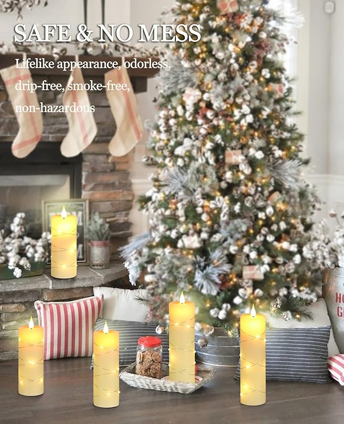 Da by Flickering Flameless Candles with String Lights, Battery Operated Candles with Remote and Timer, LED Pillar Candle Real Wax,5 Pack-Ivory White