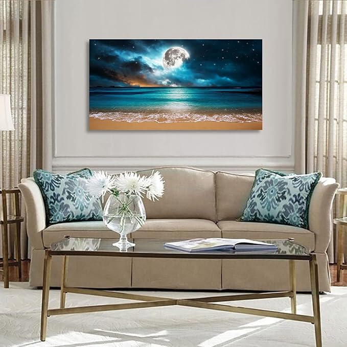 Beach Wall Art Canvas Prints Moon Ocean Landscape Picture Home Decor Natural Seascape Paintings for Living room Bathroom Bedroom Office Kitchen Decorations Modern Artwork Wood Framed 20x40inches