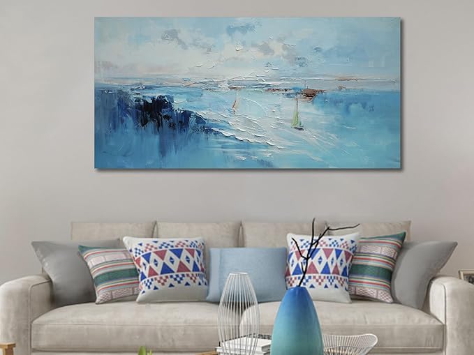 Ardemy Blue Abstract Wall Art Canvas for Living Room Coastal Sailboat Textured Bedroom Modern Teal White Artwork Framed Home Office Kitchen Dining Room Wall Decor, Extra Large 58"x29"