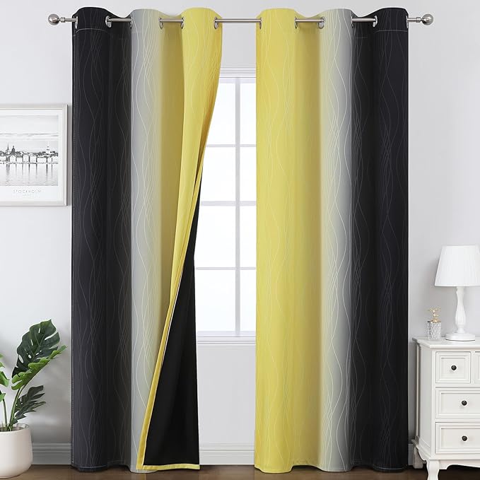 Estelar Textiler Black and Yellow Ombre Blackout Curtains for Bedroom, Full Room Darkening Grommet Curtains for Living Room, Thermal Insulated Light Blocking Gradient Drapes, 42Wx84L,2 Panels