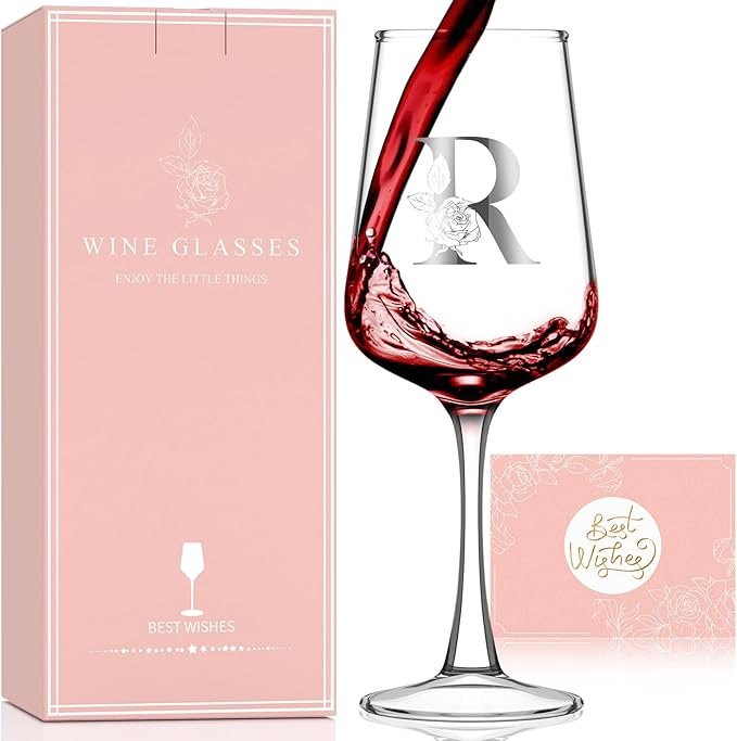 Monogrammed Wine Glass Gifts for Women - Personalized A-Z Wine Glasses with Gift Box & Greeting Card | Custom Mothers day, Anniversary, Birthday Gifts for Her, Mom, Wife, Best Friend, Sister,Woman (R)