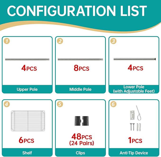 SINGAYE 6 Tier Shelf Wire Shelving Adjustable Storage Shelves Rack Standing Units for Kitchen Closet Laundry Bathroom Organizers Metal Pantry Narrow Mesh Gaps 10" D x 16" W x 60" H Gray