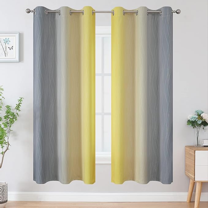 Estelar Textiler Ombre Grey and Yellow Blackout Curtains 72 Inch Length 2 Panels, Full Light Blocking Curtains for Living Room,Grommet Thermal Insulated Gradient Drapes for Bedroom, 42x72 Inch