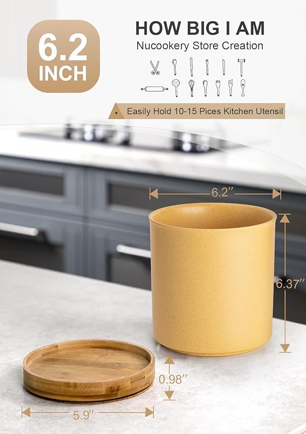 Nucookery 360°Rotating Utensil Holder, 7.2" Kitchen Utensil Crock, Ceramic Cooking Utensil Organizer with Countertop-Protection Cork Bottom for Farmhouse Kitchen Decor Christmas (Yellow Sand)