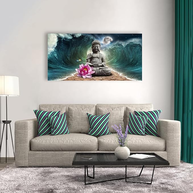 Canvas Wall Art Buddha Pictures Home Decor Grey Zen in The Background of Moon and Waves Poster Prints Painting for Living Room Bedroom Bathroom Kitchen Office Decoration Hindu Artwork 24x48 Inches