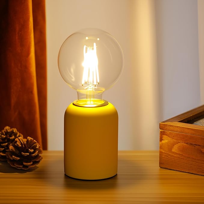 Mini Modern Yellow Concrete Bedside Table Lamp, 3.5 x 3.5 x 8.5 Inch Nightstand Lamps, with Spherical Bulb Round Side Table Lamp for Bedroom Living Room Entryway Table Lamps