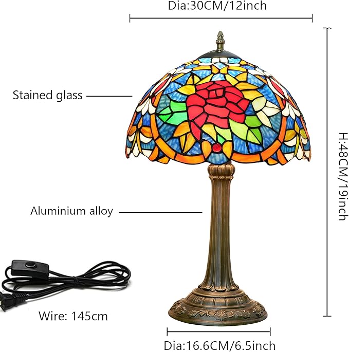 Tiffany Lamp 12 Inch Tiffany Style Red Rose Retro Bedside Lamp Stained Glass Table Lamp Suitable For Bedrooms Hotels Restaurants Dormitories Vintage Antiques Home Decoration Art And Craft Gifts
