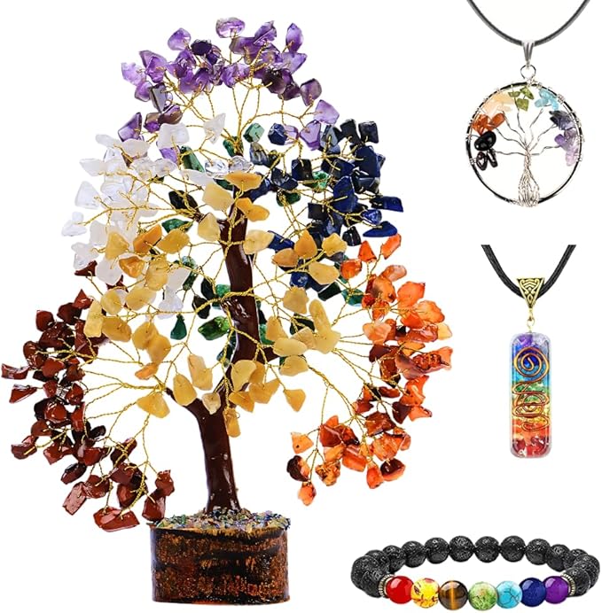 Chakra Healing Crystal Tree Kit with 7 Chakra Bracelet and 2 Pendant Necklace - Gemstones Money Bonsai Tree Decor for Spiritual Good Luck Gift, Birthday Gift for Women, Men, Home, Office