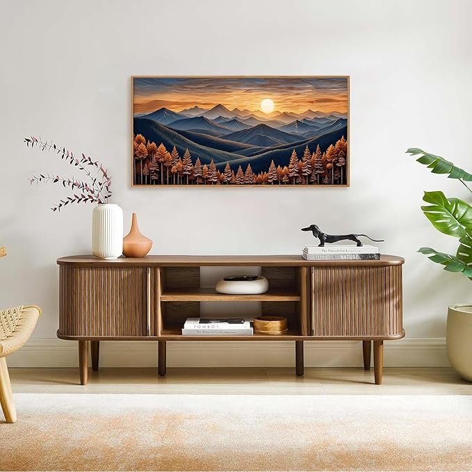 HOURIA Large Woodland Mountain Sunset Framed Canvas Wall Art Set,Wilderness Wooden Forest Landscape Wall Decor,Nature Botanical Artwork,Boho Pine Tree Art Print for Living Room,Bedroom- 20"x40"x1