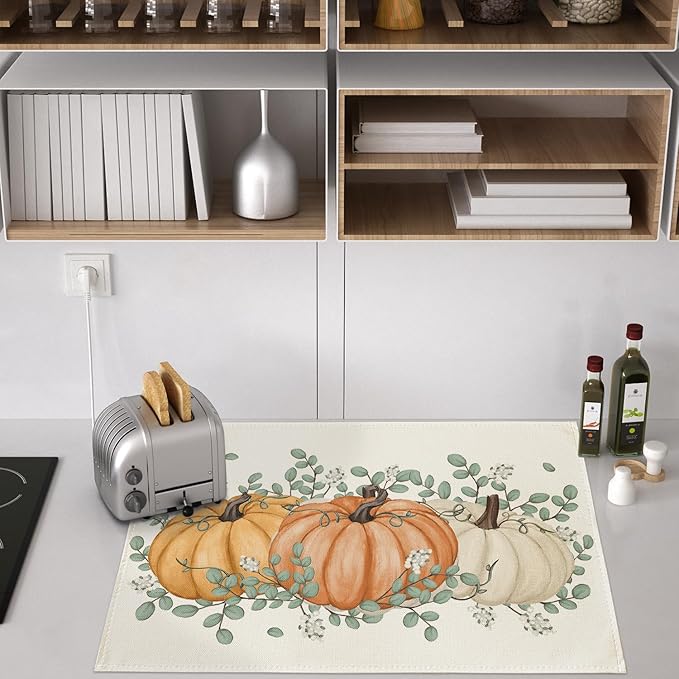 Artoid Mode Pumpkins Eucalyptus Leaves Fall Placemats, 24x36 Inch Extra Large Table Mats for Kitchen Countertop Protector Dining Decoration