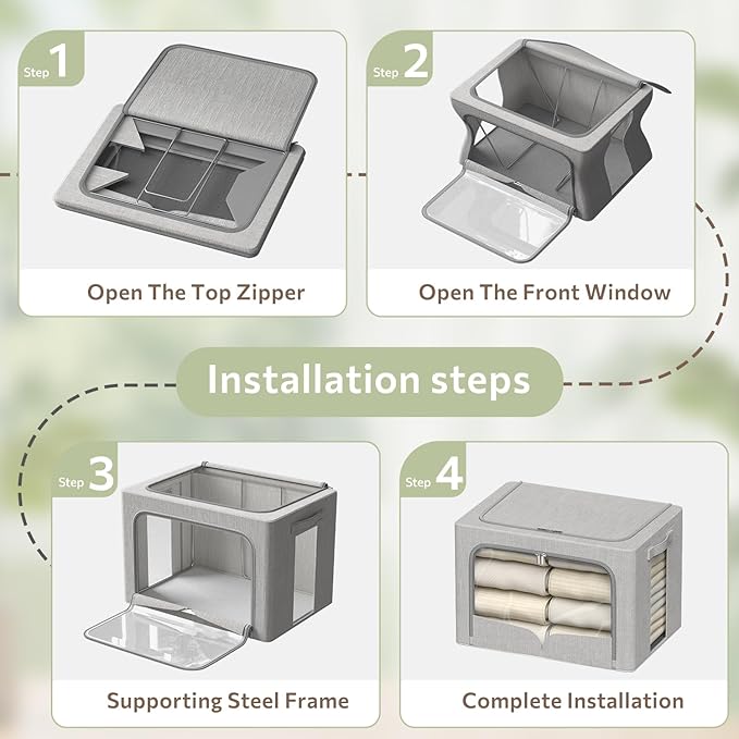 3 Pack Clothes Storage Bins - Foldable Metal Frame Storage Box - Stackable Linen Fabric Container Organizer Set with Carrying Handles and Clear Window (Light Gray, 19.7x15.7x13inch(66L))