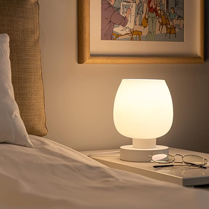 Touch Bedside Table Lamp - Small Lamp for Bedroom with USB C+A Charging Ports 3 Way Dimmable, Nightstand Desk lamp with White Opal Glass Lamp Shade Warm LED Bulb Included, Simple Design Gifts