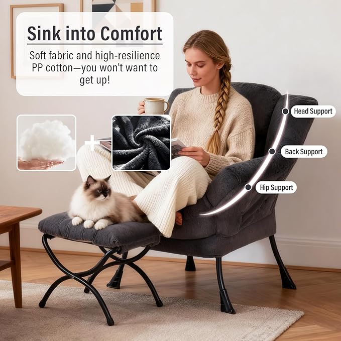 Oversized Chair with Ottoman, Modern Reading Chair, Lounge Accent Chair with Armrests and a Side Pocket for Small Space, Bedroom, Study, Living Room (Plush Dark Greyish Blue)