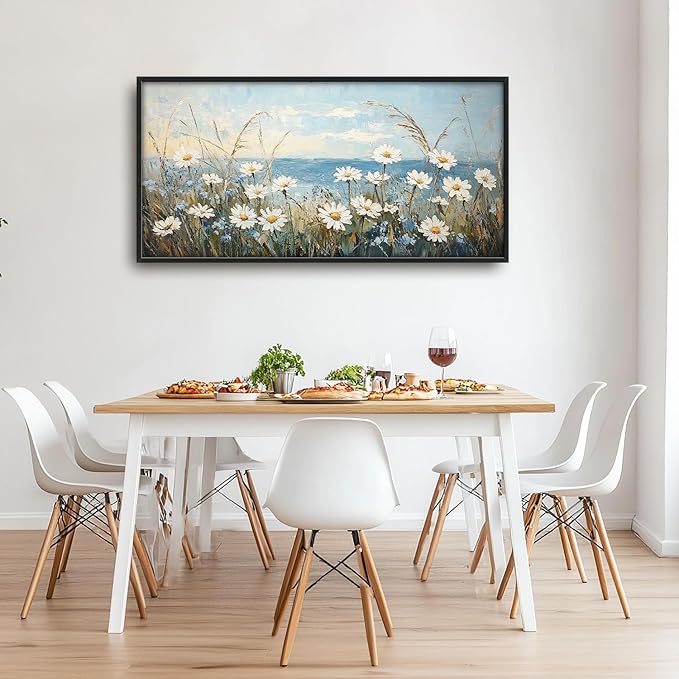 Flintis Large Ocean Daisy Framed Wall Art Beach Daisy Flower Pictures Wall Decor Abstract Natural Landscape Canvas Painting Print Artworks Framed for Living Room Bathroom Master Bedroom 60L X 30W