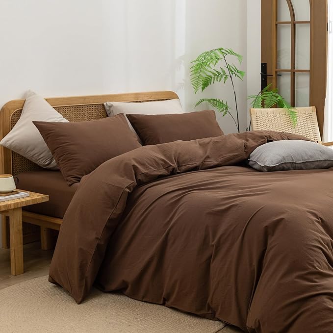 BESTOUCH Duvet Cover Set 100% Washed Cotton Linen Feel Super Soft Comfortable Chic Lightweight 3 PCs Home Bedding Set Solid Cocoa Brown Oversized King