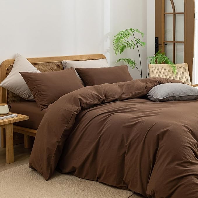 BESTOUCH Duvet Cover Set 100% Washed Cotton Linen Feel Super Soft Comfortable Chic Lightweight 3 PCs Home Bedding Set Solid Cocoa Brown Oversized Queen