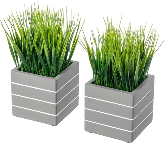 MyGift 9 Inch Tall Mini Artificial Green Grass Plants in Ribbed Gray Concrete Cube Planters, Tabletop Faux Greenery Square Cement Pots Centerpiece Décor, Set of 2