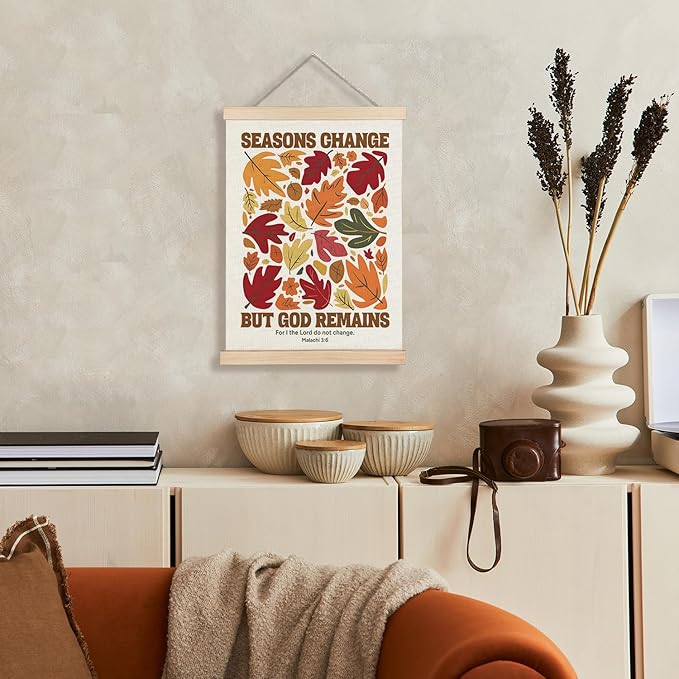 Supwhd Christian Fall Wall Art with Wooden Poster Hanger, Fall Wall Decor, Fall Posters, Farmhouse Autumn Harvest Thanksgiving Wall Art Decor, Fall Home Decor, Seasons Change God Remains 12x16