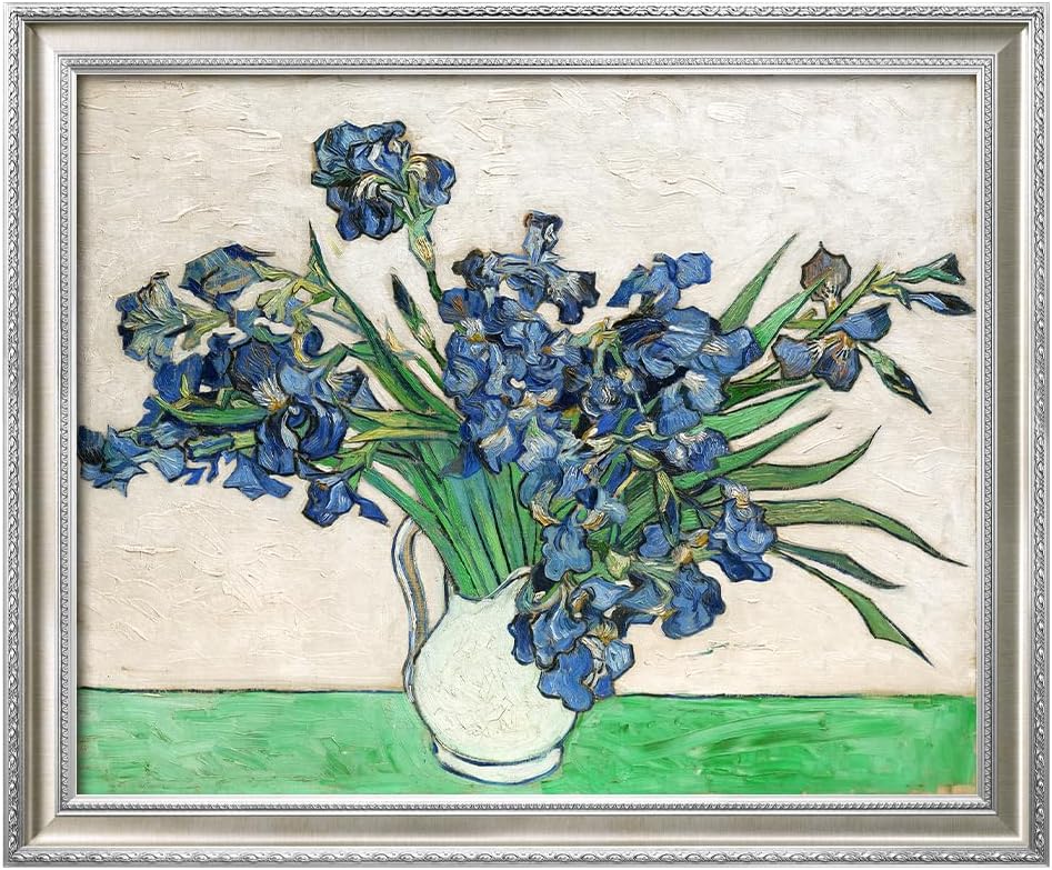 DECORARTS - Vincent van Gogh's Vase with Irises (1889), Museum-Quality Giclee Canvas Print in Silver Solid Wood Frame, 34.75 x 28.75 in, Ready to Hang, Made in USA