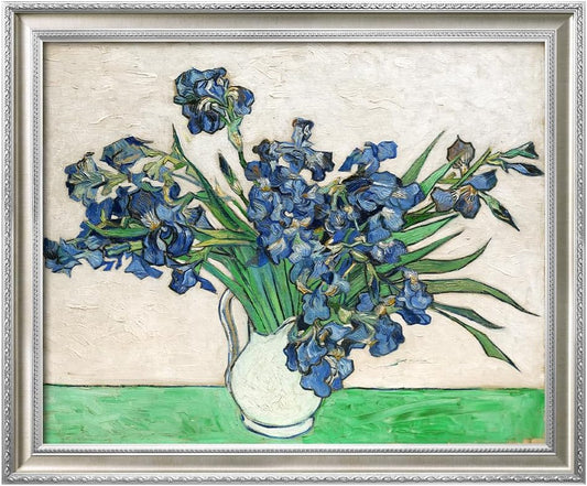 DECORARTS - Vincent van Gogh's Vase with Irises (1889), Museum-Quality Giclee Canvas Print in Silver Solid Wood Frame, 34.75 x 28.75 in, Ready to Hang, Made in USA