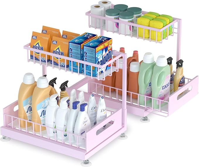 2 Pack Under Sink Organizer Storage 2-Tier Premium Metal Pull-Out Racks, Height Adjustable, Easy Installation | Kitchen & Bathroom Organizers
